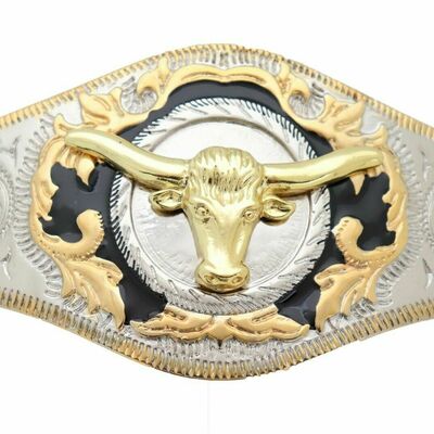 Men western fashion belt buckle silver metal gold long horn bull rodeo heavy