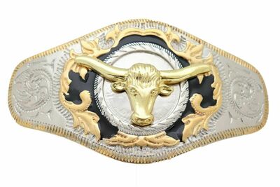 Men Western Fashion Belt Buckle Silver Metal Gold Long Horn Bull Rodeo Heavy