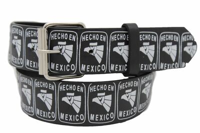 Men Women Hip Waist Silver Metal Buckle Black Belt White Mexico Eagle Hecho En S