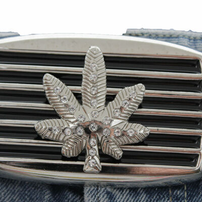 Men women silver black metal belt buckle large size marijuana leaf plant beads