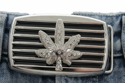 Men Women Silver Black Metal Belt Buckle Large Size Marijuana Leaf Plant Beads