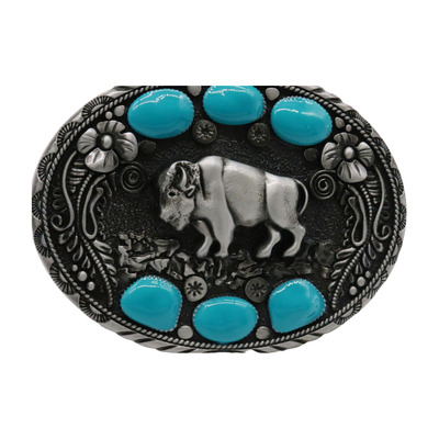 Men's buffalo ox silver metal buckle bull turquoise color rodeo texas collection