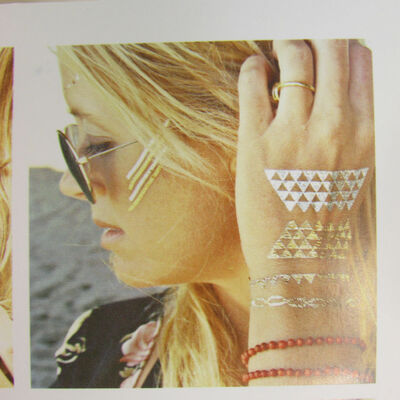 Metallic metal chains fake body art temporary tattoo sticker gold blue flowers 