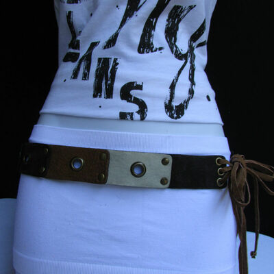 New women brown white faux suede leather multi hole tie fashion belt m l