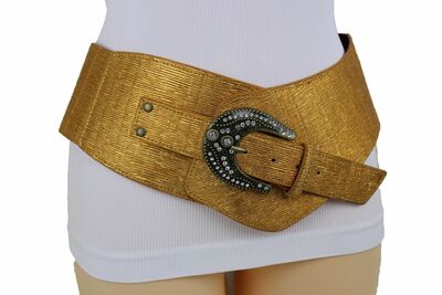 New Women Metallic Gold Waist Hip Fashion Belt Metal Buckle Studs Size S M