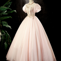 Pink Tulle Lace Long Prom Dress, A-Line Beautiful Evening Party Dress - Thumbnail 2