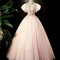 Pink Tulle Lace Long Prom Dress, A-Line Beautiful Evening Party Dress - Thumbnail 3