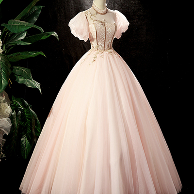 Pink tulle lace long prom dress, a-line beautiful evening party dress