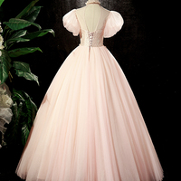 Pink Tulle Lace Long Prom Dress, A-Line Beautiful Evening Party Dress - Thumbnail 4