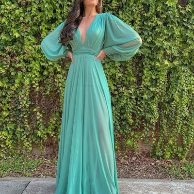 Sage green a line chiffon long sleeve mother of the bride /groom dresses evening formal dress