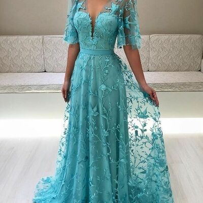 Blue lace sleeveless short sleeve mother of the bride /groom dresses evening formal dress