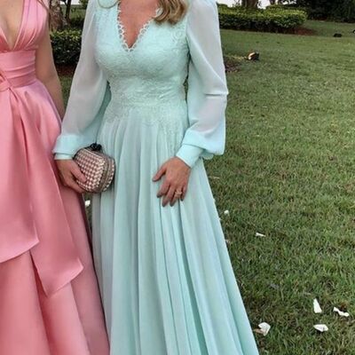Eleghant mint  green chiffon long sleeve sheath mother of the bride /groom dresses evening formal dress