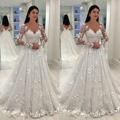 Wedding dress white lace long dress deep v-neck long mesh lace sleeve a-line pleated floor-length dresses - Thumbnail 1