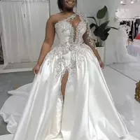 White Plus Size Arabic Aso Ebi Crystals Wedding Dress High Split sparkly black girl One Shoulder Sexy Satin Bridal Gowns - Thumbnail 1