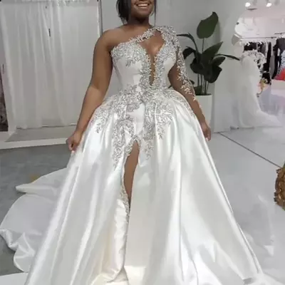 White plus size arabic aso ebi crystals wedding dress high split sparkly black girl one shoulder sexy satin bridal gowns - Thumbnail 1