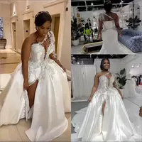 White Plus Size Arabic Aso Ebi Crystals Wedding Dress High Split sparkly black girl One Shoulder Sexy Satin Bridal Gowns - Thumbnail 5