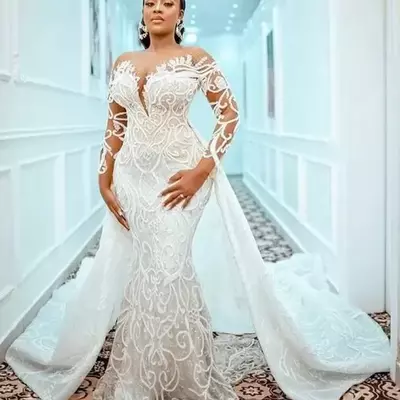 Plus size mermaid wedding gowns with detachable train beaded lace appliqued bridal gown custom made robe de mariee - Thumbnail 3