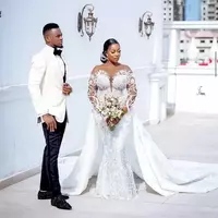 Plus Size Mermaid Wedding Gowns With Detachable Train Beaded Lace Appliqued Bridal Gown Custom Made Robe de mariee - Thumbnail 2