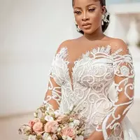 Plus Size Mermaid Wedding Gowns With Detachable Train Beaded Lace Appliqued Bridal Gown Custom Made Robe de mariee - Thumbnail 3