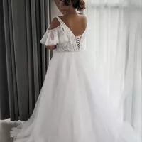 Gorgeous Plus Size Wedding Dresses Bridal Gown Lace Applique Sweep Train V Neck Cap Sleeves Off the Shoulder Tulle Beaded Beach  - Thumbnail 1