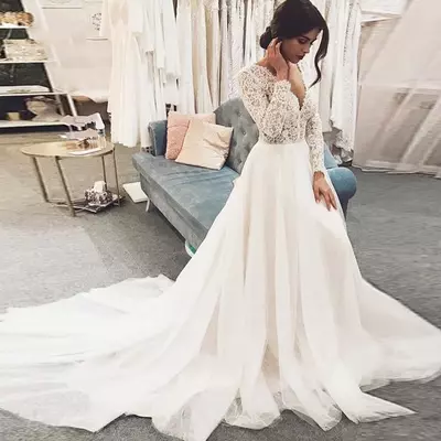 Eightree ball gown v neck long sleeves lace wedding dresses princess bride gowns vestido de noiva appliques bridal dress - Thumbnail 3