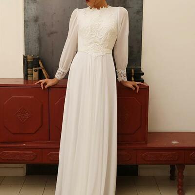 Appliqued lace chiffon wedding dresses high neck long sleeve floor length sheath vintage design bridal gowns vestido de noiva - Thumbnail 2