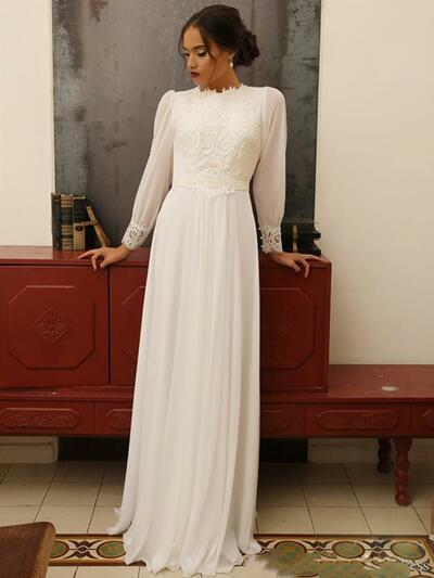 Appliqued Lace Chiffon Wedding Dresses High Neck Long Sleeve Floor Length Sheath Vintage Design Bridal Gowns vestido de noiva