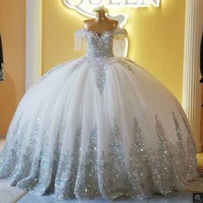 Silver sparkly ball gown wedding dresses off shoulder lace tulle applique brides gown long robe de mariage - Thumbnail 3