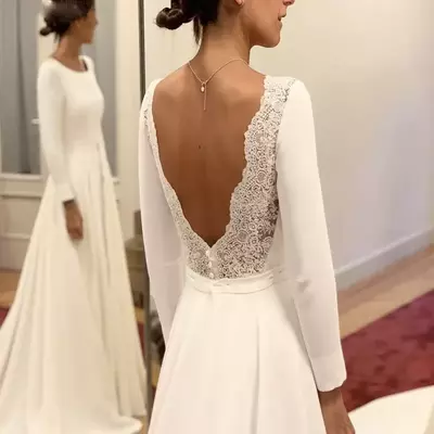 Simple chiffon bateau a line wedding dresses half sleeves open back bridal dress lace appliques wedding gowns - Thumbnail 1