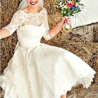 Vintage Short Wedding Dresses Lace Scoop Neckline Bow Sash A-Line 3/4 Long Sleeve Tea Length Bridal Gowns Custom Made - Thumbnail 1
