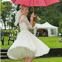 Vintage Short Wedding Dresses Lace Scoop Neckline Bow Sash A-Line 3/4 Long Sleeve Tea Length Bridal Gowns Custom Made - Thumbnail 3