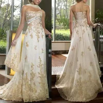 Arabic golden wedding dress sweetheart off the shoulder sleeveless long length lace-up back sash custom made a line wedding bridal dress - Thumbnail 3