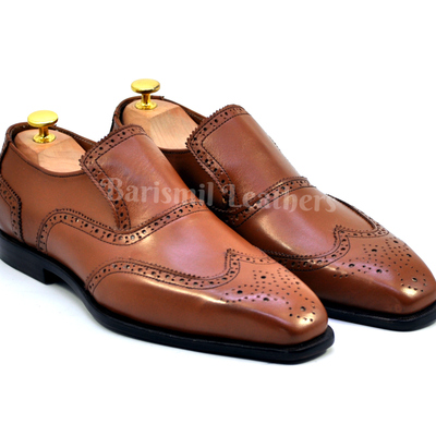 Handmade loafers brown original leather wingtip and brogue dress loafers for men