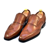 Handmade loafers brown original leather wingtip and brogue dress loafers for men - Thumbnail 2