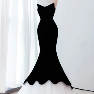 Black/white velvet mermaid long prom dress, black formal evening dress kpp1565 - Thumbnail 3