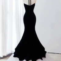 Black/White Velvet Mermaid Long Prom Dress, Black Formal Evening Dress KPP1565 - Thumbnail 1