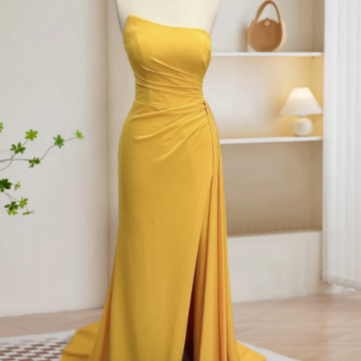 Simple yellow satin long prom dress, yellow formal dress kpp1566 - Thumbnail 2