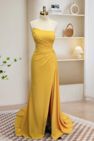 Simple Yellow Satin Long Prom Dress, Yellow Formal Dress KPP1566