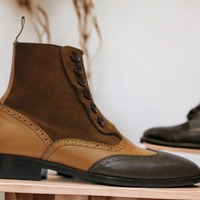 Ankle High Handmade 3 Tone Button Boot, Leather Suede Wing Tip Boot - Thumbnail 1