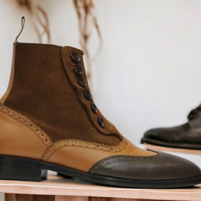 Ankle high handmade 3 tone button boot, leather suede wing tip boot - Thumbnail 1