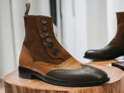 Ankle High Handmade 3 Tone Button Boot, Leather Suede Wing Tip Boot