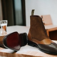 Ankle High Handmade 3 Tone Button Boot, Leather Suede Wing Tip Boot - Thumbnail 4