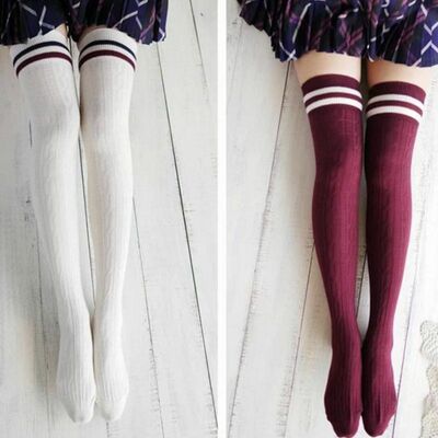 Japanese style student thighs twist vertical stripes two horizontal knee stockings