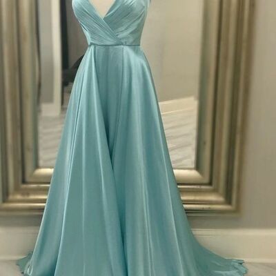 A-line straps pool blue satin long prom dress