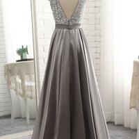 A Line Grey Satin Skirt Long Prom Dresses - Thumbnail 1