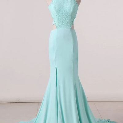 Sexy round neck lace satin mermaid prom dresses