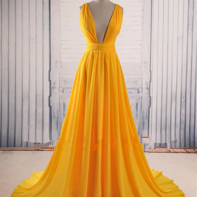 V neck yellow backless prom gown open back chiffon evening dress