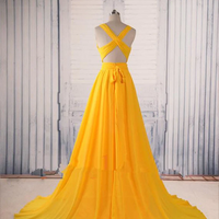 V Neck Yellow Backless Prom Gown Open Back Chiffon Evening Dress - Thumbnail 1