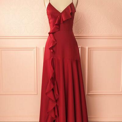 Simple a line burgundy v neck long chifofn prom dress