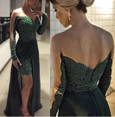 Sheer Neck Prom Dresses Evening Gown with Sleeves Appliques